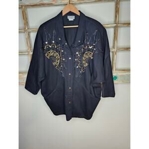 Vintage 1990's Pado California Jeweled Black Denim Jacket Oversized M